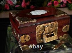 Old Chinese Lacquer Wood MOP Brass Jewelry Box Padlock Lock Key Silk Lining #303