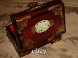 Old Chinese Lacquer Wood MOP Brass Jewelry Box Padlock Lock Key Silk Lining #303