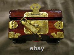 Old Chinese Lacquer Wood MOP Brass Jewelry Box Padlock Lock Key Silk Lining #303