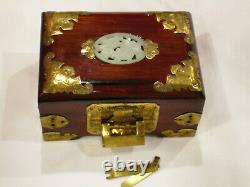 Old Chinese Lacquer Wood MOP Brass Jewelry Box Padlock Lock Key Silk Lining #303