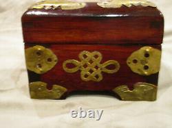Old Chinese Lacquer Wood MOP Brass Jewelry Box Padlock Lock Key Silk Lining #303
