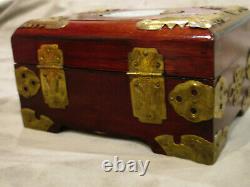 Old Chinese Lacquer Wood MOP Brass Jewelry Box Padlock Lock Key Silk Lining #303