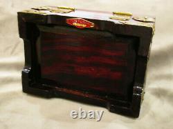 Old Chinese Lacquer Wood MOP Brass Jewelry Box Padlock Lock Key Silk Lining #303