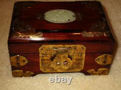 Old Chinese Lacquer Wood MOP Brass Jewelry Box Padlock Lock Key Silk Lining #303