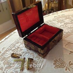 Old Chinese Lacquer Wood MOP Brass Jewelry Box Padlock Lock Key Silk Lining #303