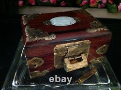 Old Chinese Lacquer Wood MOP Brass Jewelry Box Padlock Lock Key Silk Lining #303