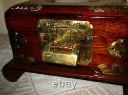 Old Chinese Lacquer Wood MOP Brass Jewelry Box Padlock Lock Key Silk Lining #303