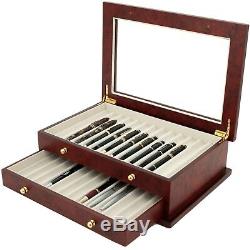 Pen Box 26 Fountain Pens Writing Wood Constructed Glass Display Case Burlwood