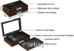 Pen Display Box Ebony Wood Case with Glass Window 20 Slot