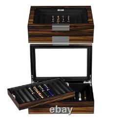 Pen Display Box Ebony Wood Display Case with Glass Window and Tray Holds Up