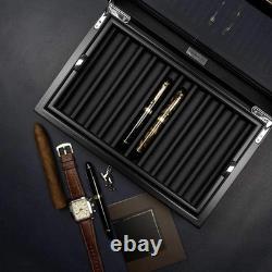 Pen Display Box Ebony Wood Display Case with Glass Window and Tray Holds Up
