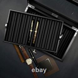 Pen Display Box Ebony Wood Display Case with Glass Window and Tray Holds Up