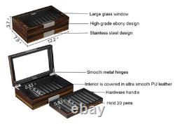 Pen Display Box Ebony Wood Display Case with Glass Window and Tray Holds Up