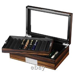 Pen Display Box Ebony Wood Display Case with Glass Window and Tray Holds Up