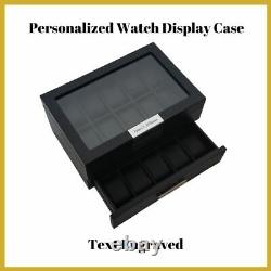Personalized 20 Black Wood Watch Case High Drawer Jewelry Glass Top Display Case