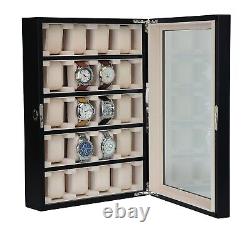 Personalized 20 Slot Black Wood Watch Display Wall Hanging Case Stand Organizer