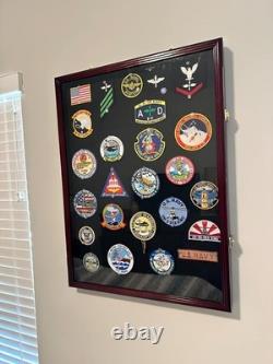 Pin Medal Display Case XL Badge Patch Flag Cherry Wood Military Rack Shadow Box