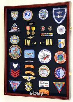 Pin Medal Display Case XL Badge Patch Flag Cherry Wood Military Rack Shadow Box