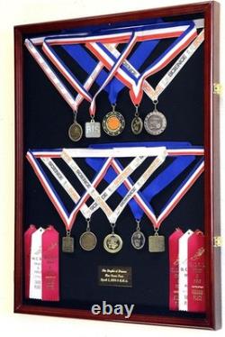 Pin Medal Display Case XL Badge Patch Flag Cherry Wood Military Rack Shadow Box