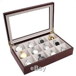 Pocket Watch Display & Organizer Case Jewelry Wood Box Transparent Top 12 Slots