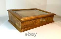 Powell Burl Wood and Bevelled Glass Lid Display Case Box with Key