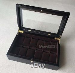 Premium Dark Brown Wood Wooden Watch Box Display Case Glass LID 12 Slots