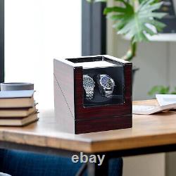 Premium Double Watch Winder Auto Rota Wood Display Case Organizer (black inside)