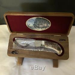 RMEF 2006 Banquet Browning Folding Knife with Stag Handle in Wood Display Case