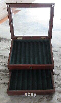 Rare Vtg Wood Fountain Pen Collector Display Case Jewelry 16 Slots Beveled Glass