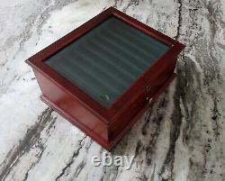 Rare Vtg Wood Fountain Pen Collector Display Case Jewelry 16 Slots Beveled Glass