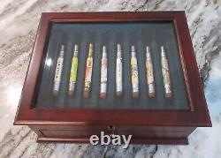 Rare Vtg Wood Fountain Pen Collector Display Case Jewelry 16 Slots Beveled Glass