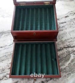 Rare Vtg Wood Fountain Pen Collector Display Case Jewelry 16 Slots Beveled Glass