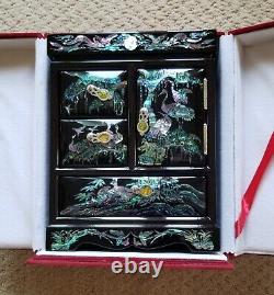 Real Mother Of Pearl Inlaid Black Lacquer Jewelry Box