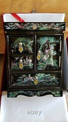 Real Mother Of Pearl Inlaid Black Lacquer Jewelry Box