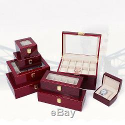 Red Grid Solid Wood Glass Collect Watch Display Organizer Storage Box Case Gift