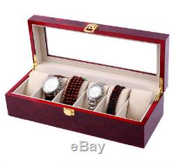 Red Grid Solid Wood Glass Collect Watch Display Organizer Storage Box Case Gift