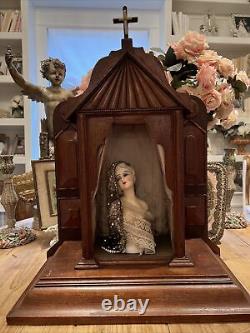 Religious Wood Carved Shrine For Santos Church Display Box Case Fabric