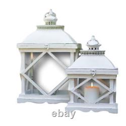 Rustic White Wood Antique Style Pillar Candle Lantern Set 2 Hinged Display Case