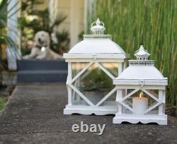 Rustic White Wood Antique Style Pillar Candle Lantern Set 2 Hinged Display Case