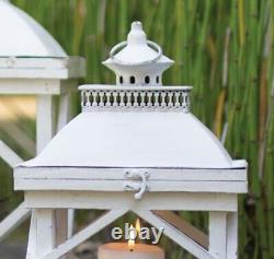 Rustic White Wood Antique Style Pillar Candle Lantern Set 2 Hinged Display Case