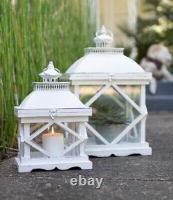 Rustic White Wood Antique Style Pillar Candle Lantern Set 2 Hinged Display Case