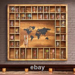 Rustic Wood Shot Glass Display Case with World Map, 46 Slots, 29x26 Inch