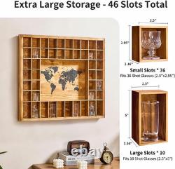 Rustic Wood Shot Glass Display Case with World Map, 46 Slots, 29x26 Inch