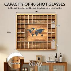 Rustic Wood Shot Glass Display Case with World Map, 46 Slots, 29x26 Inch