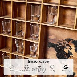 Rustic Wood Shot Glass Display Case with World Map, 46 Slots, 29x26 Inch