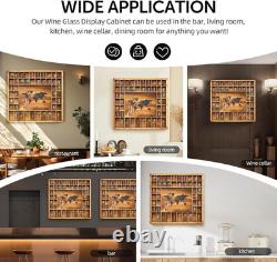 Rustic Wood Shot Glass Display Case with World Map, 46 Slots, 29x26 Inch