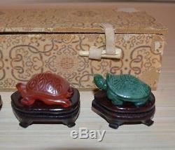 Set Of 4 Chinese Hand Carved Gem Stone Turtles With Wood Display Stand And Case