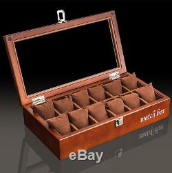 SOKI Brown Solid Walnut Wood Watch Box for 12 Watches Display Case