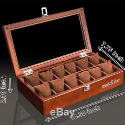 SOKI Brown Solid Walnut Wood Watch Box for 12 Watches Display Case