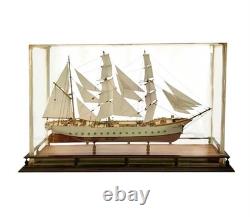 Ship Model in Glass and Wood Display Case Vintage Nautical Maritime Decor